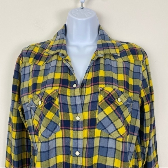 AEO AMERICAN EAGLE Plaid Blue Yellow Flannel Like Snap Front Shirt Fall Winter M - Picture 2 of 7